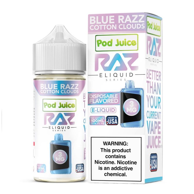 Blue Razz Cotton Clouds | Pod Juice x RAZ | 100mL | Bottle with Packaging